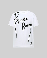 The MENS SOREN GRAPHIC TEE - MT0200180 by Psycho Bunny is a white 100% cotton tee with "Psycho Bunny" in bold, flocked diagonal letters and a small bunny logo with crossbones at the bottom right, set against a light gray background.