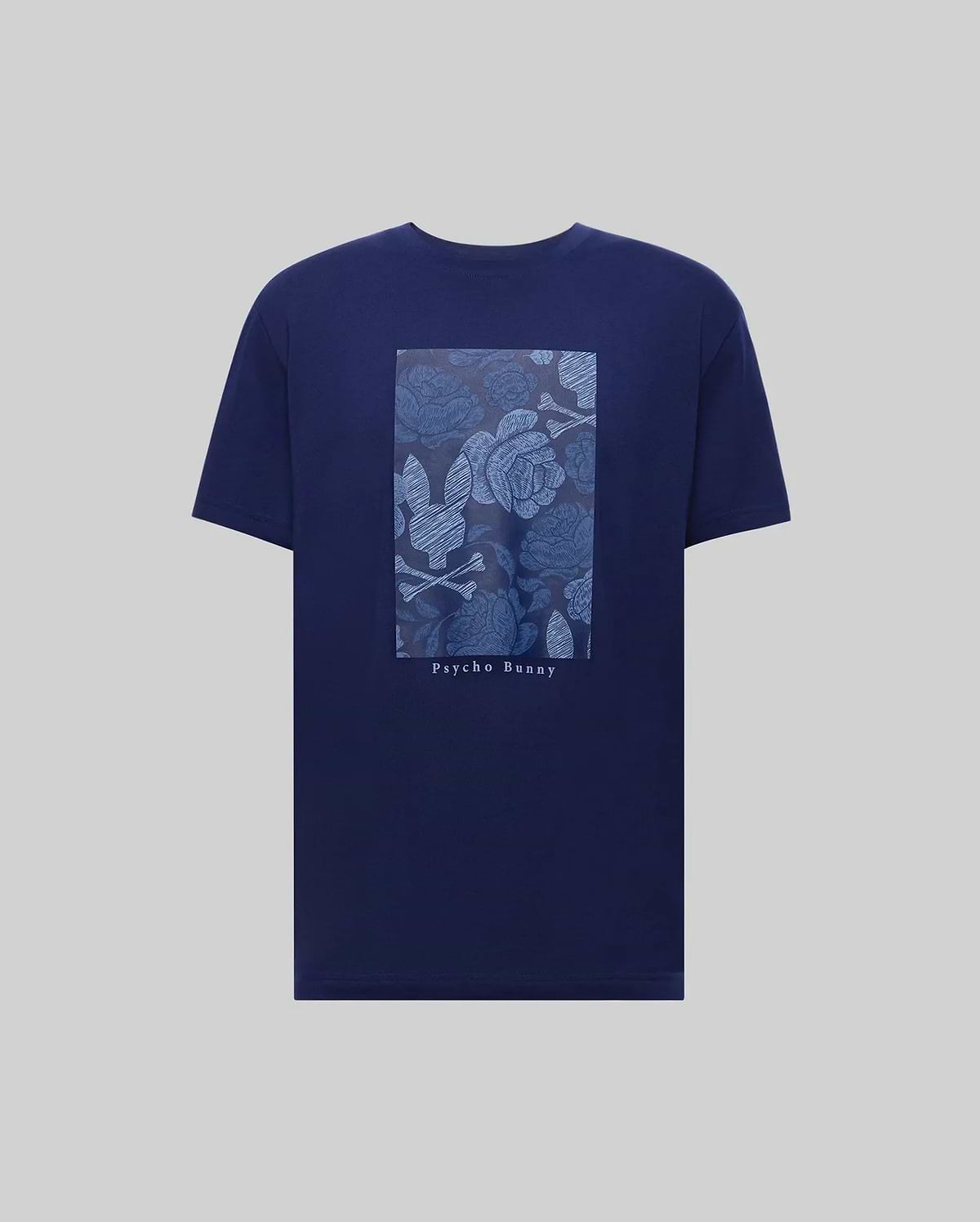 The MENS ROWEN OVERSIZED TEE (MT0200194) by Psycho Bunny is a navy blue Pima cotton t-shirt with a floral graphic, rectangular bunny logo, and "Psycho Bunny" text on the back, designed for a relaxed fit. (5)