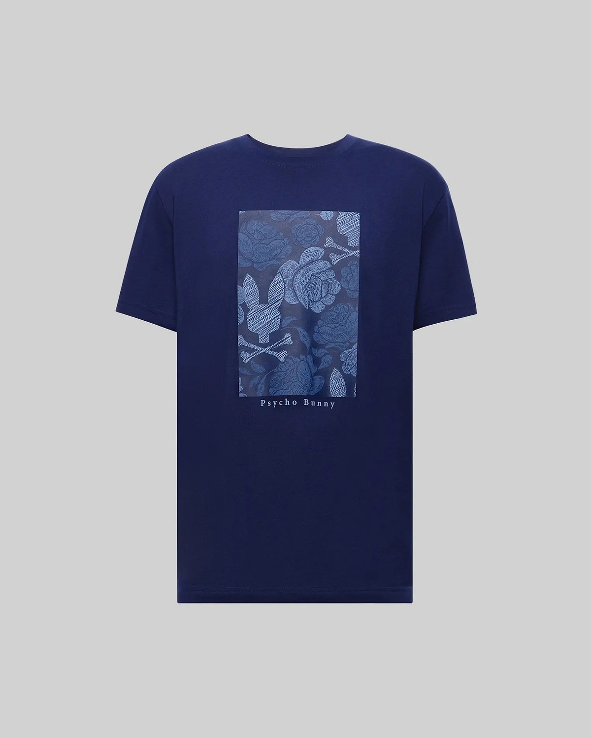 The MENS ROWEN OVERSIZED TEE (MT0200194) by Psycho Bunny is a navy blue Pima cotton t-shirt with a floral graphic, rectangular bunny logo, and "Psycho Bunny" text on the back, designed for a relaxed fit. (5)