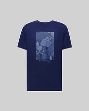 The MENS ROWEN OVERSIZED TEE (MT0200194) by Psycho Bunny is a navy blue Pima cotton t-shirt with a floral graphic, rectangular bunny logo, and "Psycho Bunny" text on the back, designed for a relaxed fit. (5)