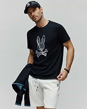 Mens Olivier Graphic Tee, a classic fit black jersey t-shirt featuring a large, textured white Psycho Bunny skull and crossbones graphic prominently on the chest. (2)