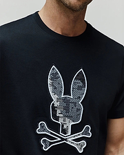 Mens Olivier Graphic Tee, black classic-fit jersey t-shirt with a large, central chest embroidered Psycho Bunny skull and crossbones logo featuring a grey and white textured fill and white outline. (3)