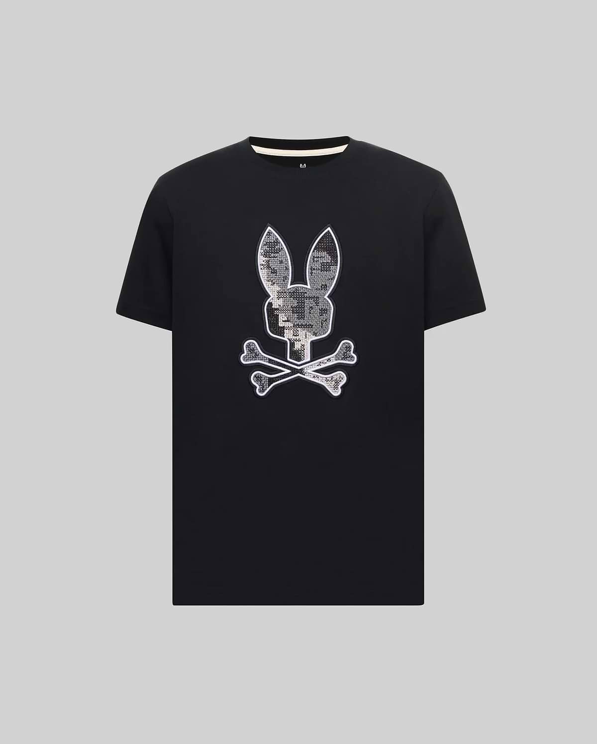 Mens Olivier Graphic Tee, a black classic fit jersey t-shirt featuring a large central pixelated grey and white digital camo Psycho Bunny skull and crossbones logo with a crisp white outline. (1)