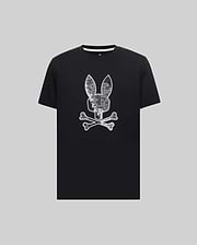 Mens Olivier Graphic Tee, a black classic fit jersey t-shirt featuring a large central pixelated grey and white digital camo Psycho Bunny skull and crossbones logo with a crisp white outline. (1)