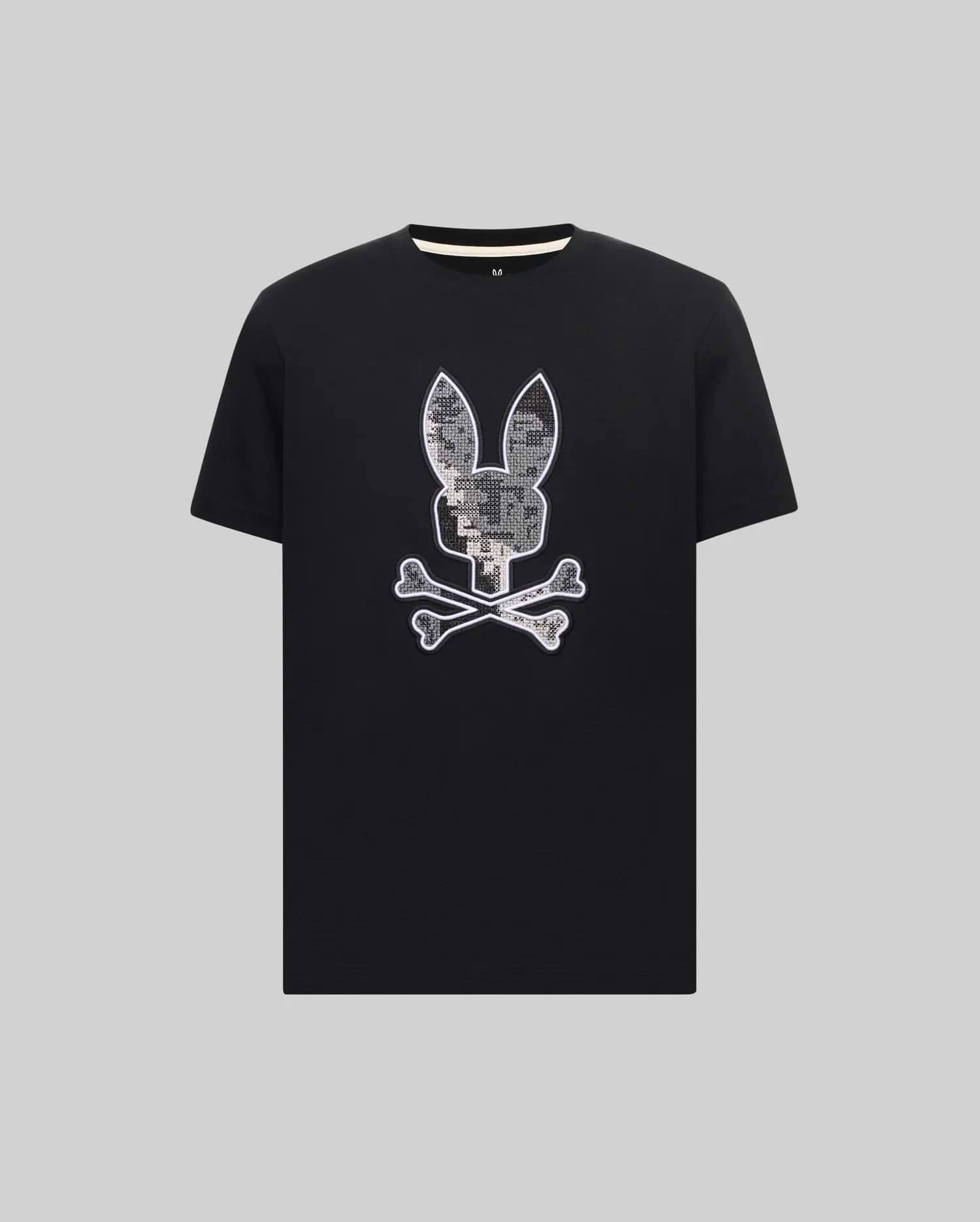 Mens Olivier Graphic Tee, a black classic fit jersey t-shirt featuring a large central pixelated grey and white digital camo Psycho Bunny skull and crossbones logo with a crisp white outline. (1)