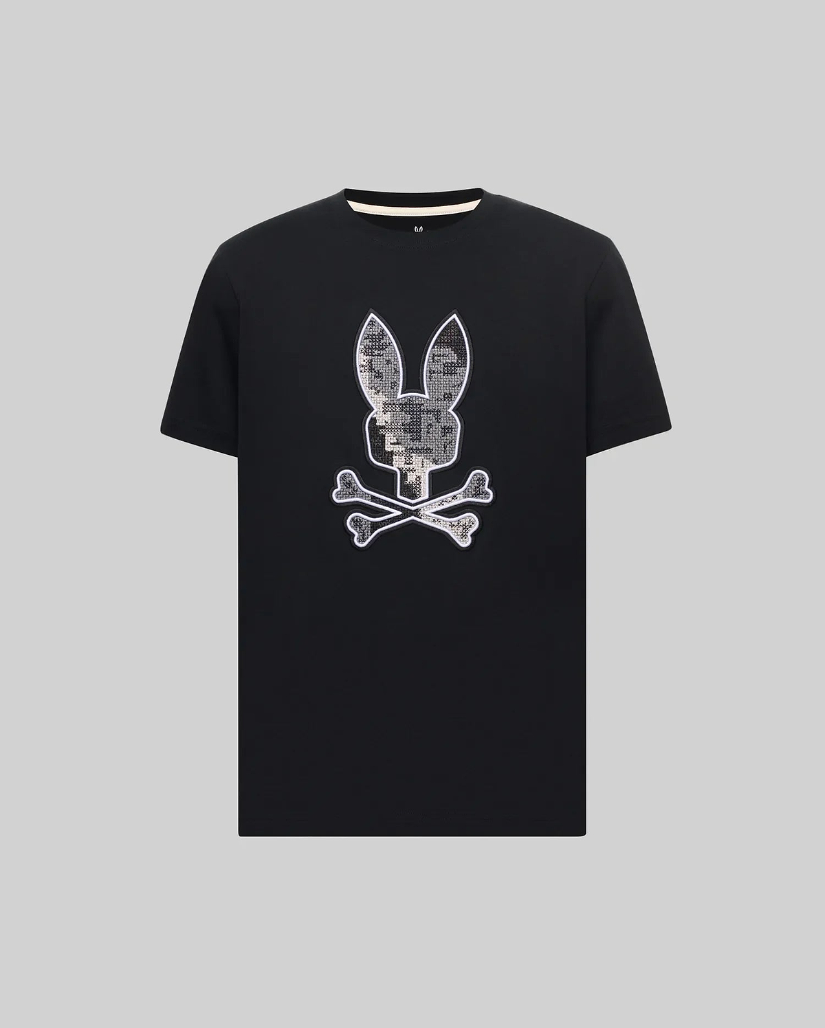 Mens Olivier Graphic Tee, a black classic fit jersey t-shirt featuring a large central pixelated grey and white digital camo Psycho Bunny skull and crossbones logo with a crisp white outline. (1)