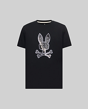 Mens Olivier Graphic Tee, a black classic fit jersey t-shirt featuring a large central pixelated grey and white digital camo Psycho Bunny skull and crossbones logo with a crisp white outline. (1)