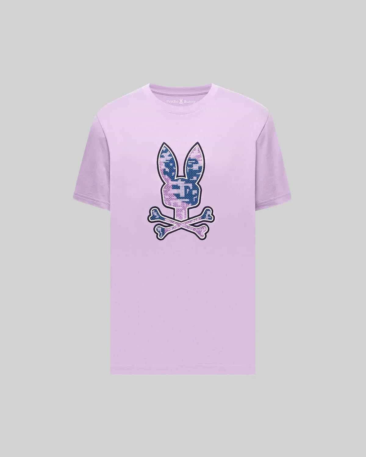 Mens Olivier Graphic Tee, a classic fit lavender jersey t-shirt with a large pixelated blue and purple camo Psycho Bunny skull logo on the chest and small embroidered neck logo. (1)