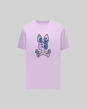 Mens Olivier Graphic Tee, a classic fit lavender jersey t-shirt with a large pixelated blue and purple camo Psycho Bunny skull logo on the chest and small embroidered neck logo. (1)