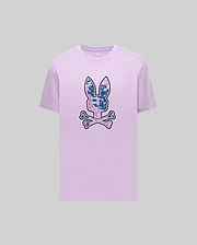 Mens Olivier Graphic Tee, a classic fit lavender jersey t-shirt with a large pixelated blue and purple camo Psycho Bunny skull logo on the chest and small embroidered neck logo. (1)