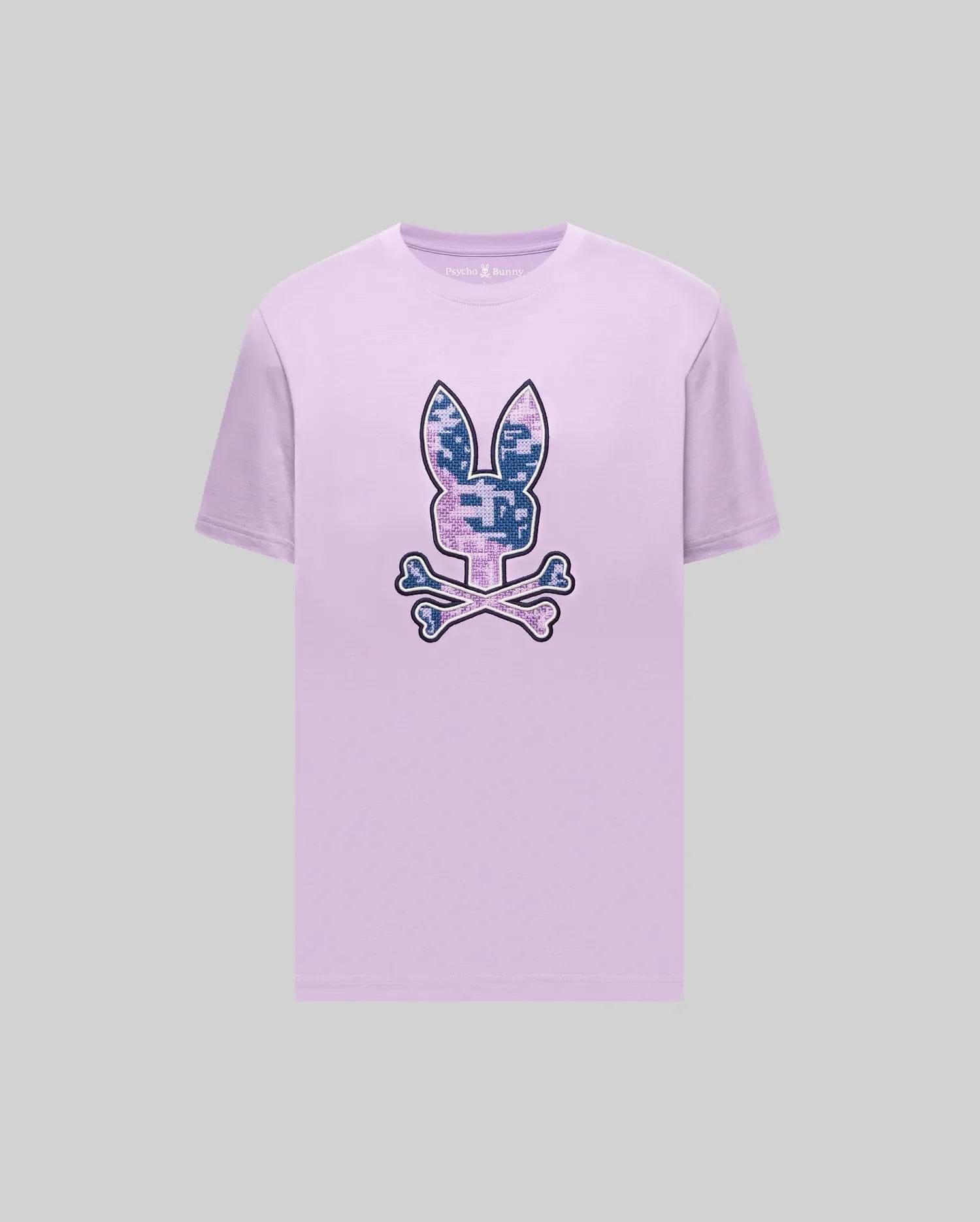 Mens Olivier Graphic Tee, a classic fit lavender jersey t-shirt with a large pixelated blue and purple camo Psycho Bunny skull logo on the chest and small embroidered neck logo. (1)