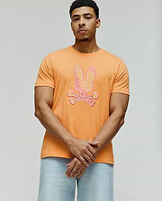 Vibrant Orange Mens Olivier Graphic Tee, classic fit, smooth jersey knit, featuring a large, textured pink, yellow, and white Psycho Bunny skull and crossbones graphic on the chest. (4)