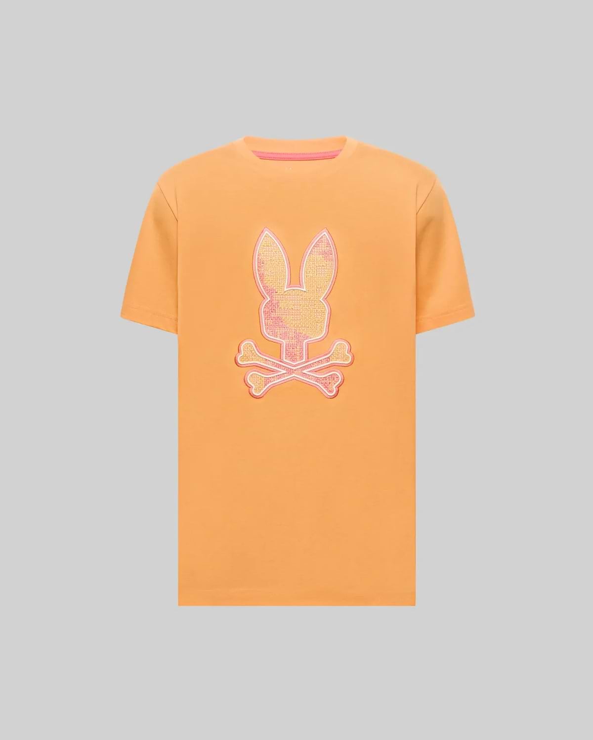 Mens Olivier Graphic Tee, a classic fit peach-orange jersey t-shirt with a large, textured pink and orange Psycho Bunny skull graphic on the chest and a subtle pink collar trim. (1)