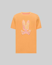 Mens Olivier Graphic Tee, a classic fit peach-orange jersey t-shirt with a large, textured pink and orange Psycho Bunny skull graphic on the chest and a subtle pink collar trim. (1)