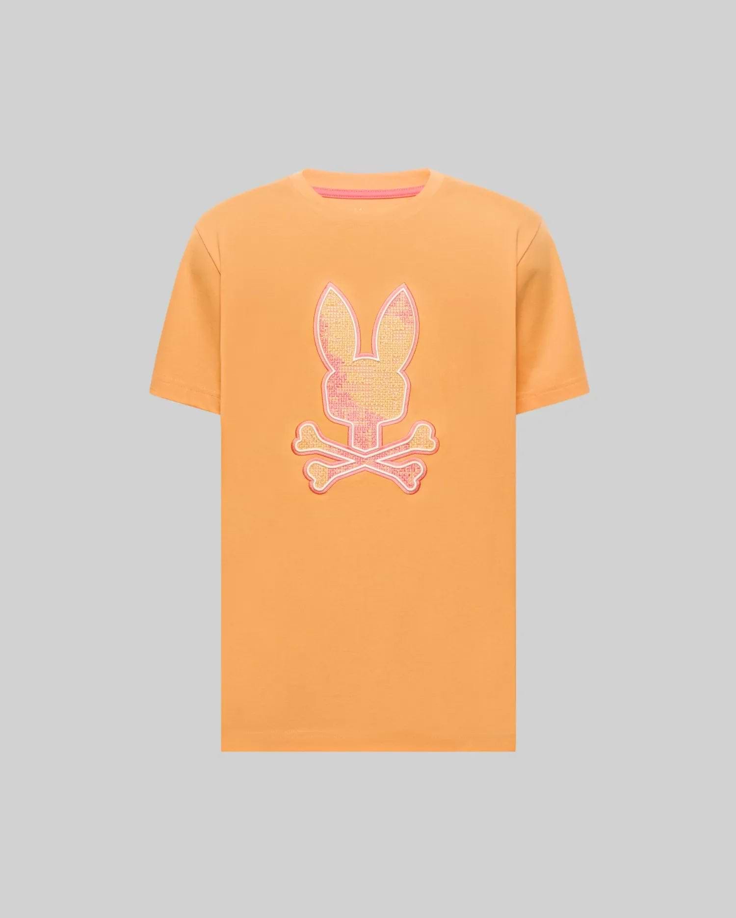 Mens Olivier Graphic Tee, a classic fit peach-orange jersey t-shirt with a large, textured pink and orange Psycho Bunny skull graphic on the chest and a subtle pink collar trim. (1)