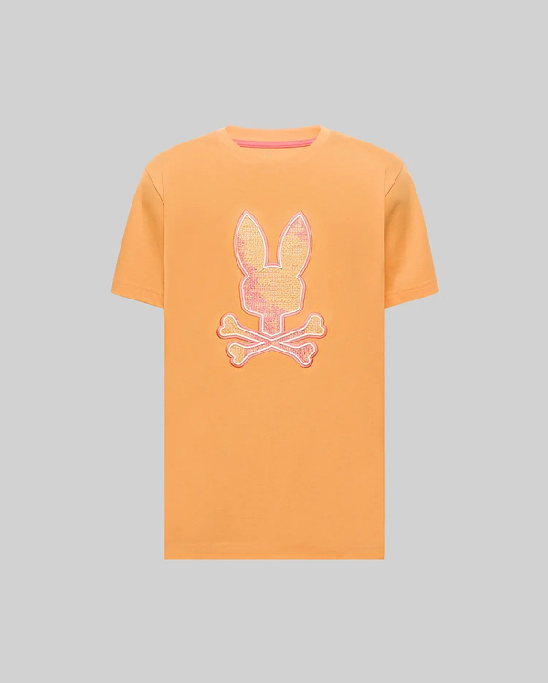 Mens Olivier Graphic Tee, a classic fit peach-orange jersey t-shirt with a large, textured pink and orange Psycho Bunny skull graphic on the chest and a subtle pink collar trim.
