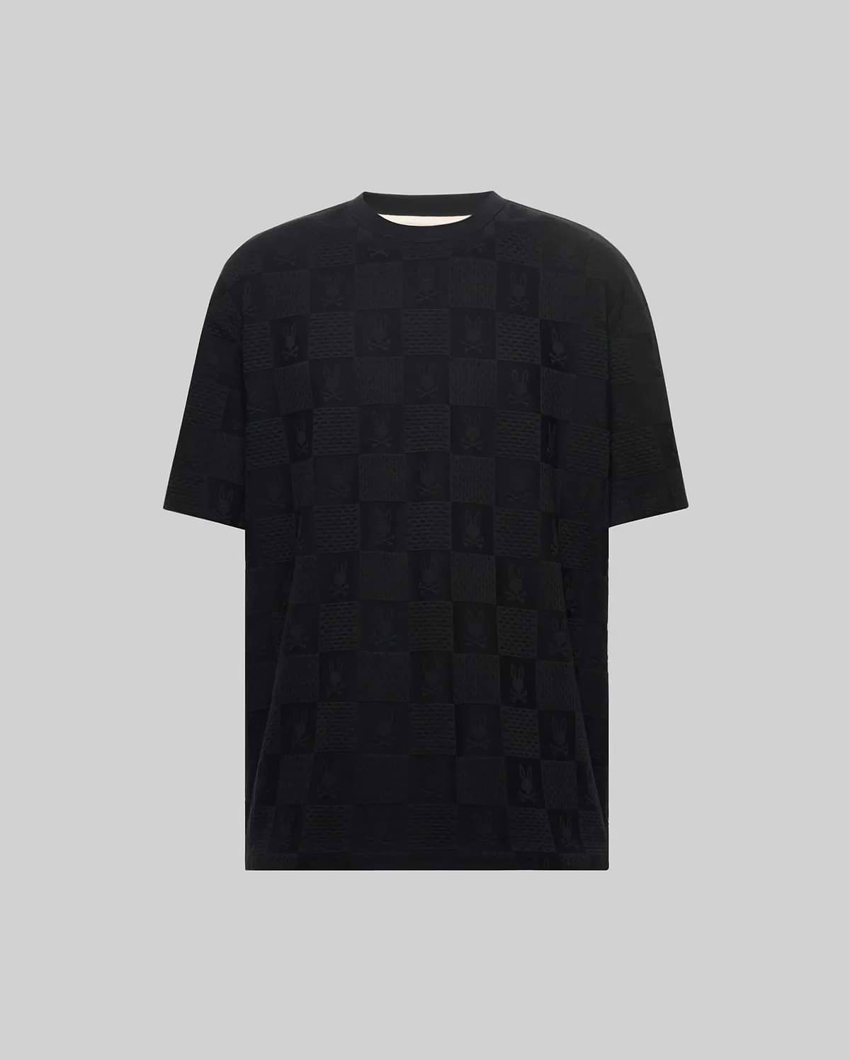 Mens Dustin Oversized Tee, black oversized textured jersey t-shirt with an all-over tone-on-tone checkered pattern featuring Psycho Bunny skull and crossbones logos. (4)