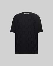 Mens Dustin Oversized Tee, black oversized textured jersey t-shirt with an all-over tone-on-tone checkered pattern featuring Psycho Bunny skull and crossbones logos. (4)