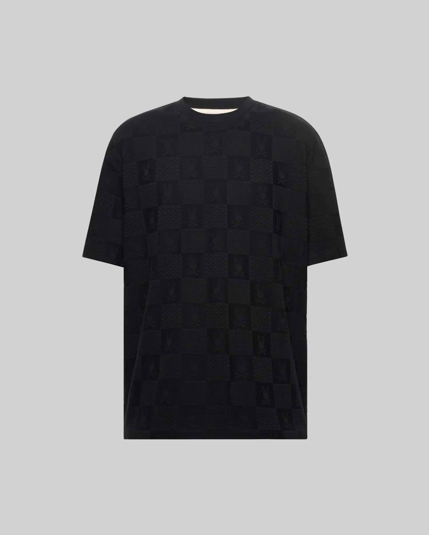 Mens Dustin Oversized Tee, black oversized textured jersey t-shirt with an all-over tone-on-tone checkered pattern featuring Psycho Bunny skull and crossbones logos. (4)