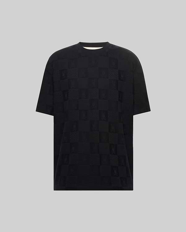 Mens Dustin Oversized Tee, black oversized textured jersey t-shirt with an all-over tone-on-tone checkered pattern featuring Psycho Bunny skull and crossbones logos. (4)