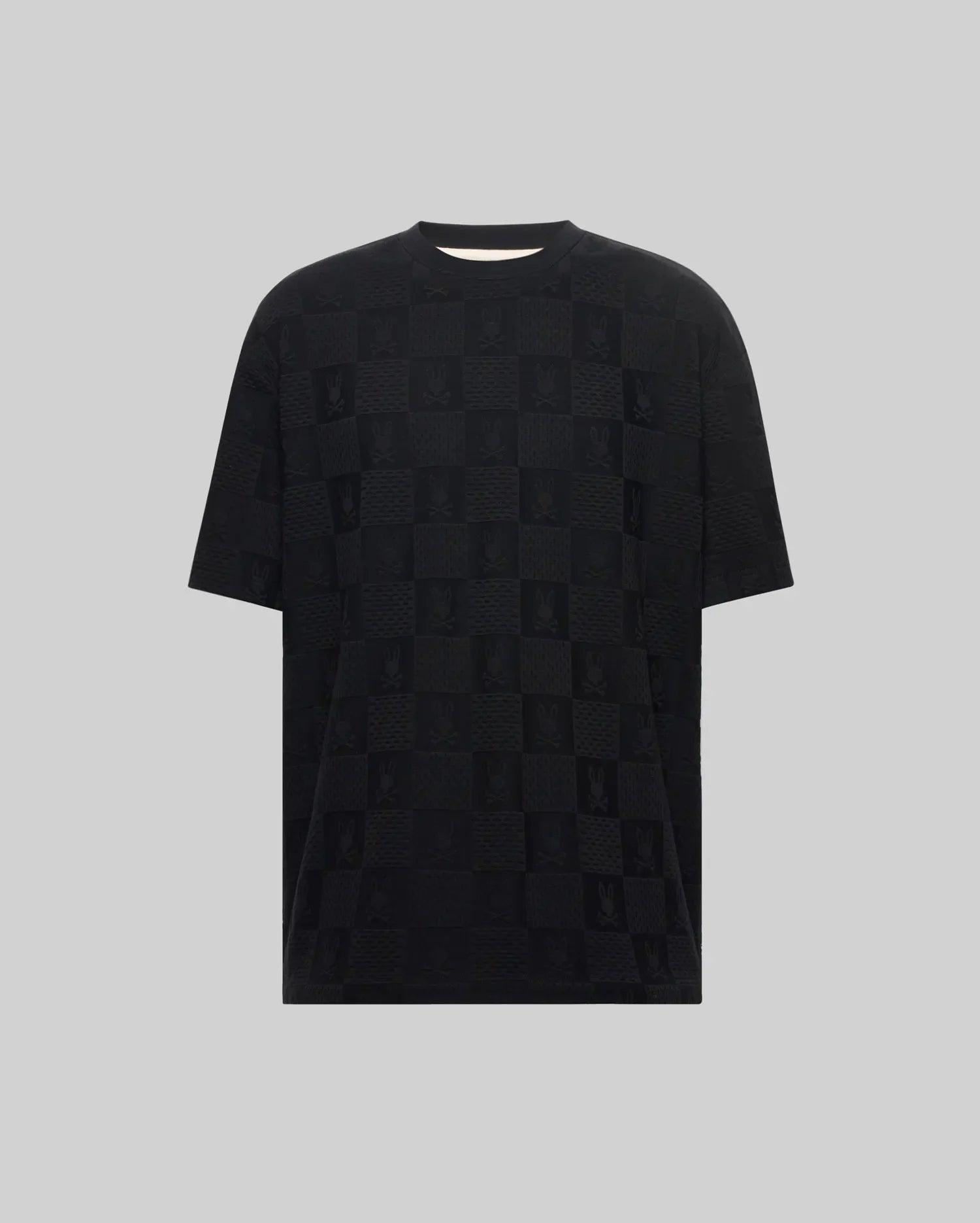 Mens Dustin Oversized Tee, black oversized textured jersey t-shirt with an all-over tone-on-tone checkered pattern featuring Psycho Bunny skull and crossbones logos. (4)