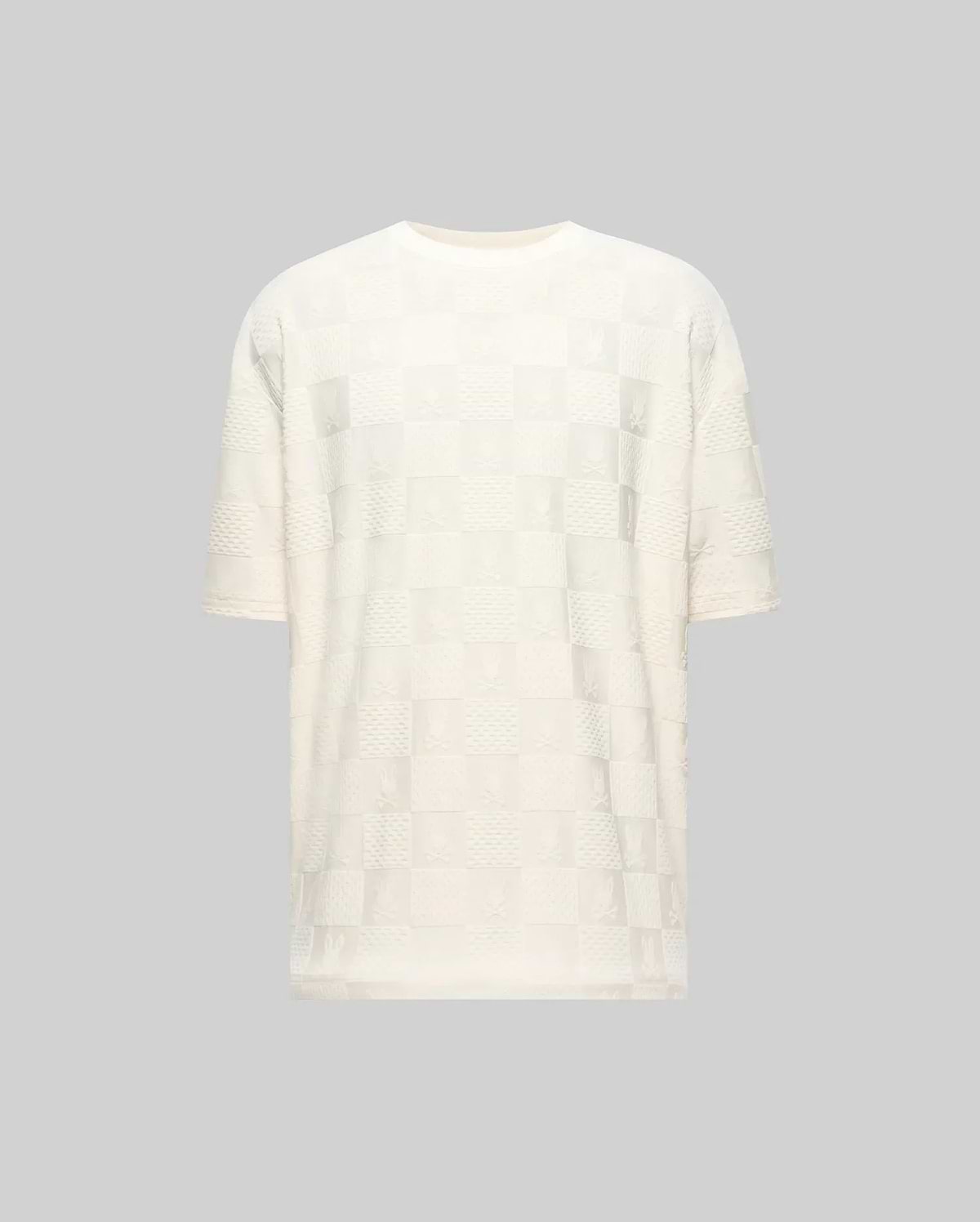 Creamy white relaxed fit t-shirt with an all-over subtle checkerboard pattern featuring embossed Psycho Bunny skull logos and textured squares in a jacquard knit. (4)