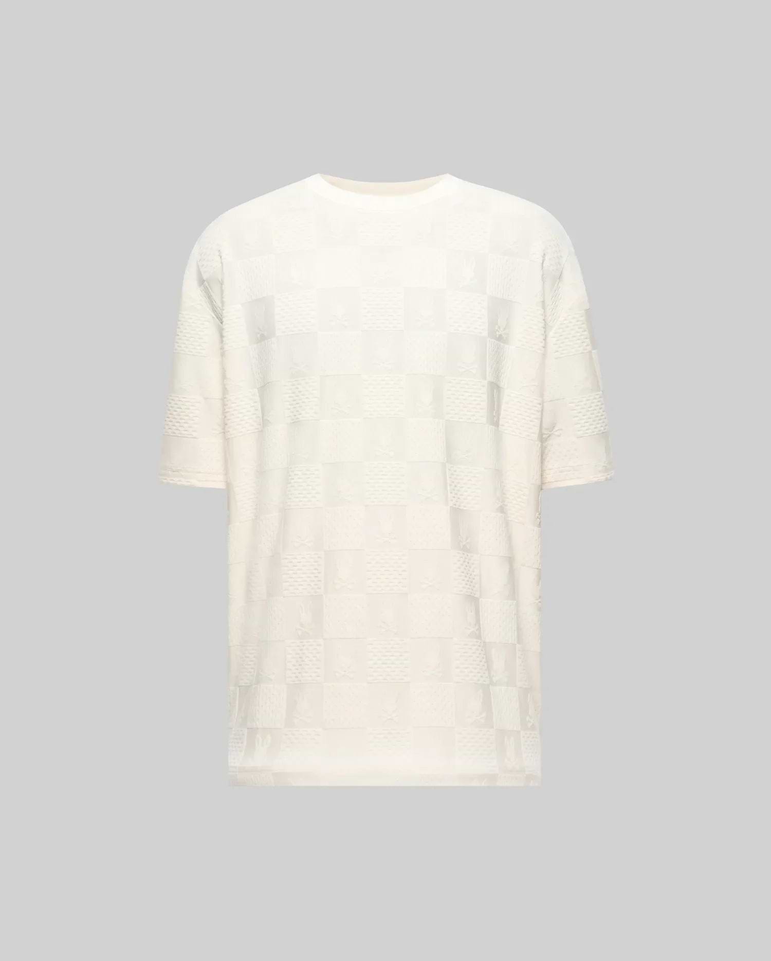 Creamy white relaxed fit t-shirt with an all-over subtle checkerboard pattern featuring embossed Psycho Bunny skull logos and textured squares in a jacquard knit. (4)