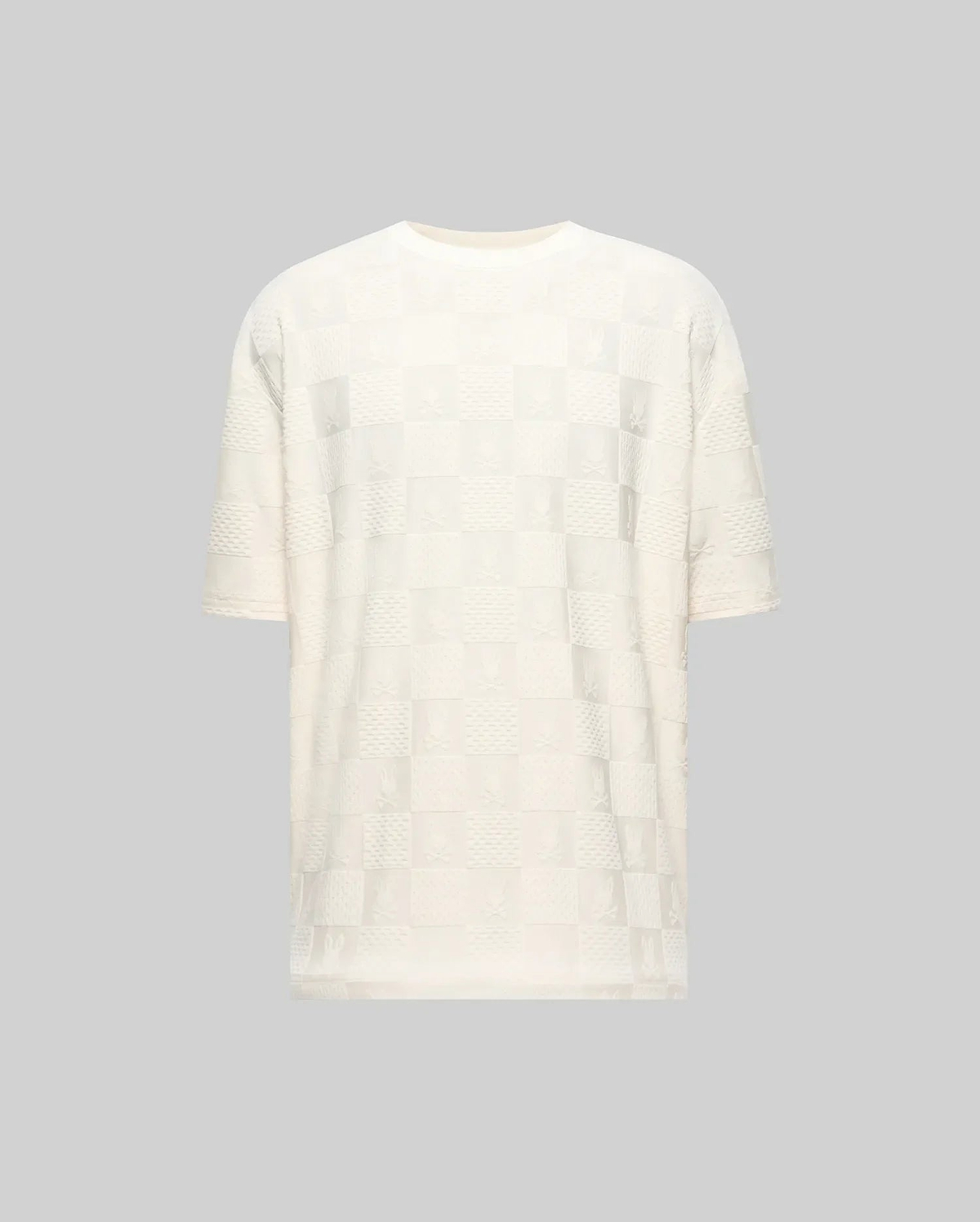 Creamy white relaxed fit t-shirt with an all-over subtle checkerboard pattern featuring embossed Psycho Bunny skull logos and textured squares in a jacquard knit. (4)