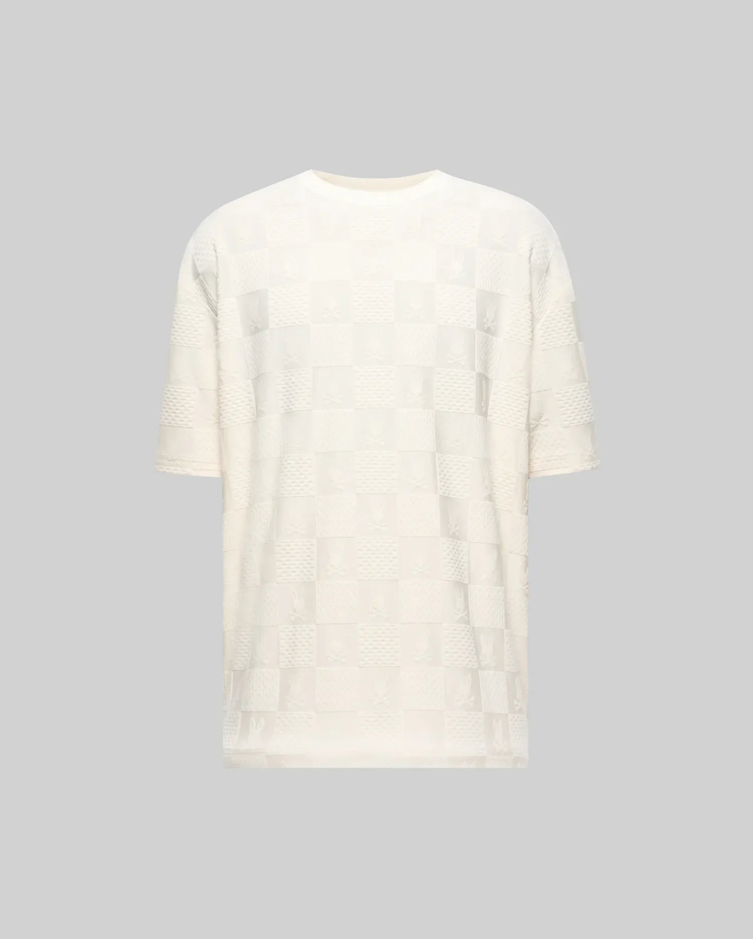 Creamy white relaxed fit t-shirt with an all-over subtle checkerboard pattern featuring embossed Psycho Bunny skull logos and textured squares in a jacquard knit. (4)