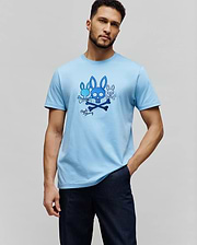 Mens Oscar Graphic Tee, light blue classic fit jersey knit t-shirt with a large central chest graphic featuring multiple blue Psycho Bunny skull logos, crossbones, and script. (5)
