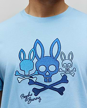 Mens Oscar Graphic Tee, sky blue classic fit jersey t-shirt featuring a large central embroidered graphic of three distinct blue Psycho Bunny skull logos with crossed bones and signature script. (4)