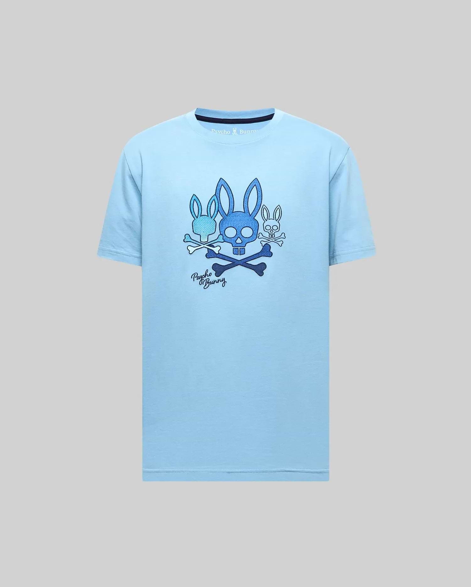 Mens Oscar Graphic Tee, light blue classic fit jersey t-shirt featuring a large chest graphic of three blue Psycho Bunny skull and crossbones logos, script, and dark blue collar trim. (2)