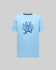Mens Oscar Graphic Tee, light blue classic fit jersey t-shirt featuring a large chest graphic of three blue Psycho Bunny skull and crossbones logos, script, and dark blue collar trim. (2)