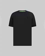 Mens Oscar Oversized Tee, black jersey knit with a relaxed fit, featuring a tonal embroidered Psycho Bunny skull logo on the left chest and a vibrant neon green inner collar.