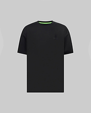 Mens Oscar Oversized Tee, black jersey knit with a relaxed fit, featuring a tonal embroidered Psycho Bunny skull logo on the left chest and a vibrant neon green inner collar.