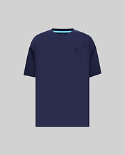 Mens Oscar Oversized Tee in navy blue jersey knit, featuring a relaxed fit, small embroidered Psycho Bunny skull logo on the left chest, and a light blue accent stripe on the inner collar.