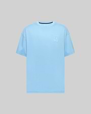 Mens Oscar Oversized Tee, a sky blue smooth jersey knit t-shirt with a white embroidered Psycho Bunny skull logo on the left chest and a subtle navy inner collar detail.
