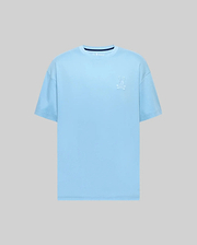 Mens Oscar Oversized Tee, a sky blue smooth jersey knit t-shirt with a white embroidered Psycho Bunny skull logo on the left chest and a subtle navy inner collar detail.