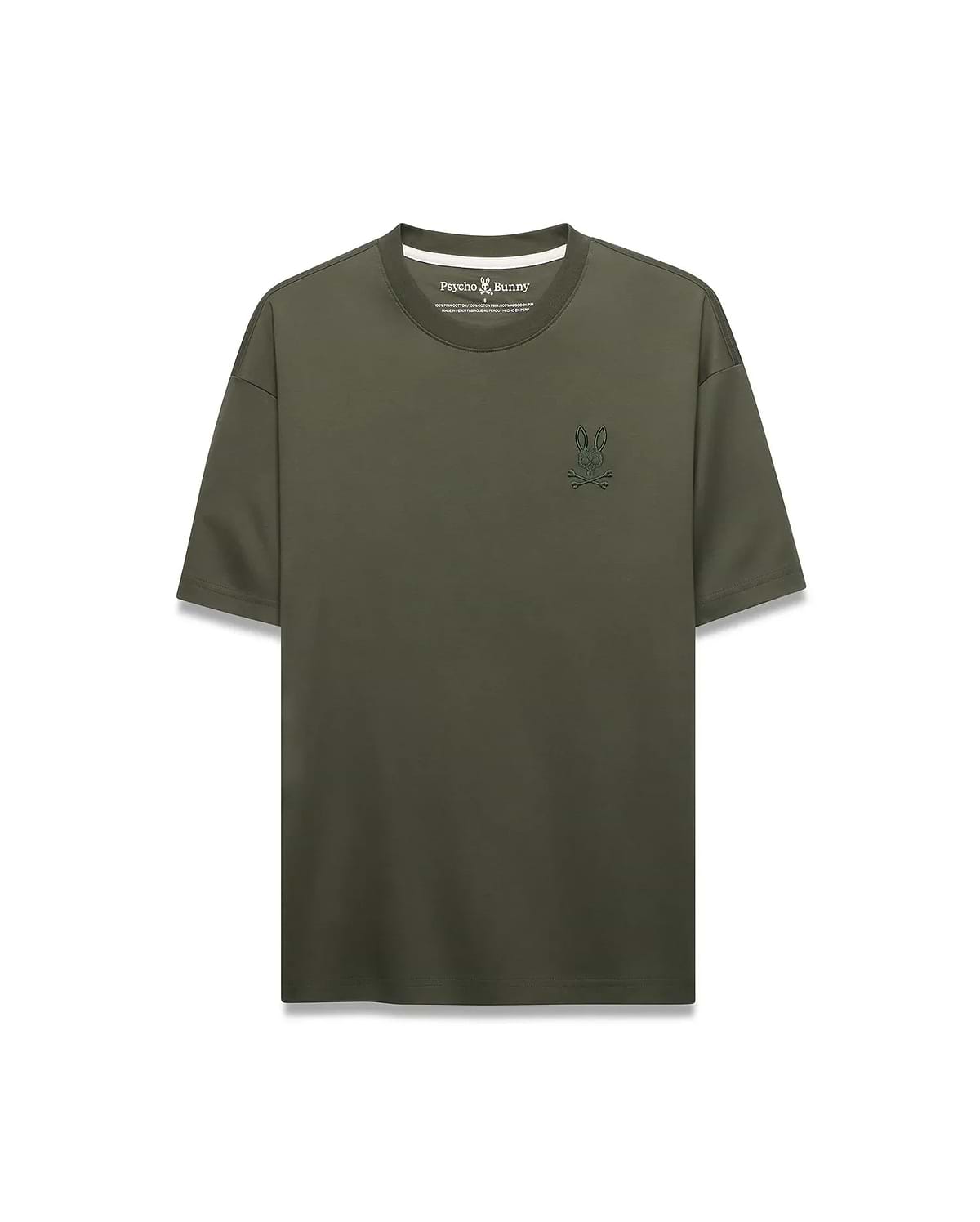 Mens Oscar Relaxed Fit Tee in olive green, crafted from smooth jersey knit fabric, featuring a small, embroidered darker olive green Psycho Bunny skull logo on the left chest.