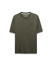 Mens Oscar Relaxed Fit Tee in olive green, crafted from smooth jersey knit fabric, featuring a small, embroidered darker olive green Psycho Bunny skull logo on the left chest.