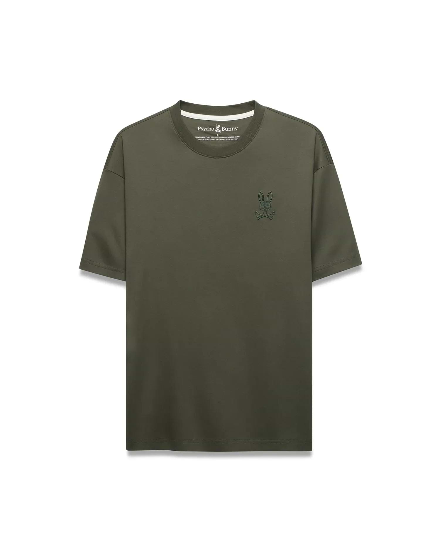 Mens Oscar Relaxed Fit Tee in olive green, crafted from smooth jersey knit fabric, featuring a small, embroidered darker olive green Psycho Bunny skull logo on the left chest.