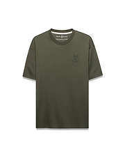 Mens Oscar Relaxed Fit Tee in olive green, crafted from smooth jersey knit fabric, featuring a small, embroidered darker olive green Psycho Bunny skull logo on the left chest.