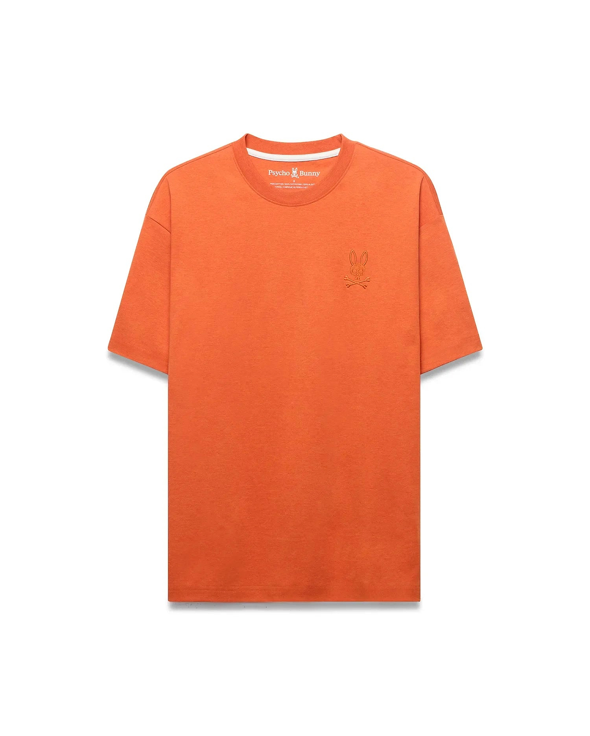 Men's Oscar Oversized Tee in vibrant orange, crafted from soft jersey knit with an oversized fit, featuring a small, tonal embroidered Psycho Bunny skull logo on the left chest. (5)