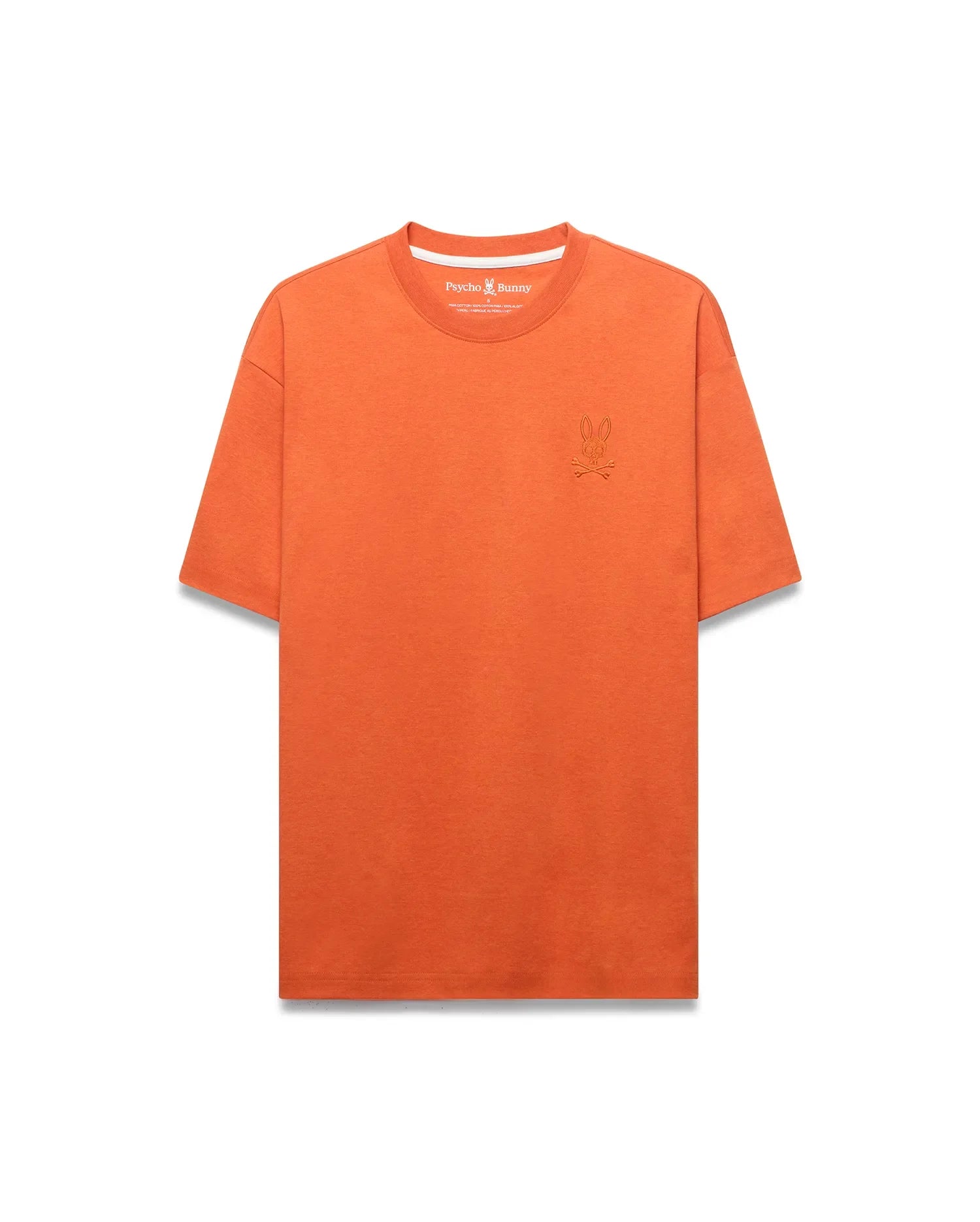 Men's Oscar Oversized Tee in vibrant orange, crafted from soft jersey knit with an oversized fit, featuring a small, tonal embroidered Psycho Bunny skull logo on the left chest. (5)