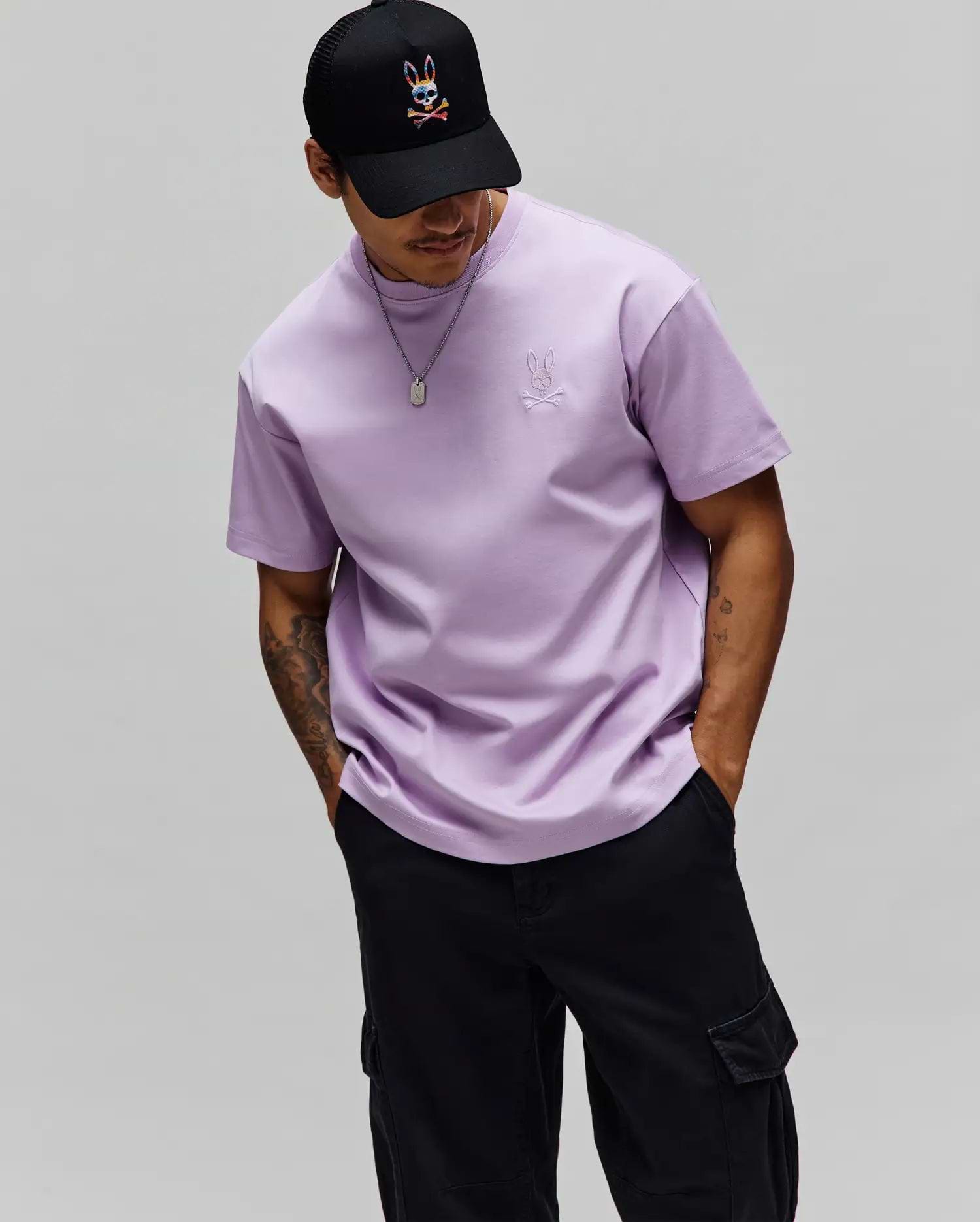 Mens Oscar Oversized Tee, a lavender smooth jersey knit t-shirt with a relaxed fit and a tone-on-tone embroidered Psycho Bunny skull logo on the left chest. (1)