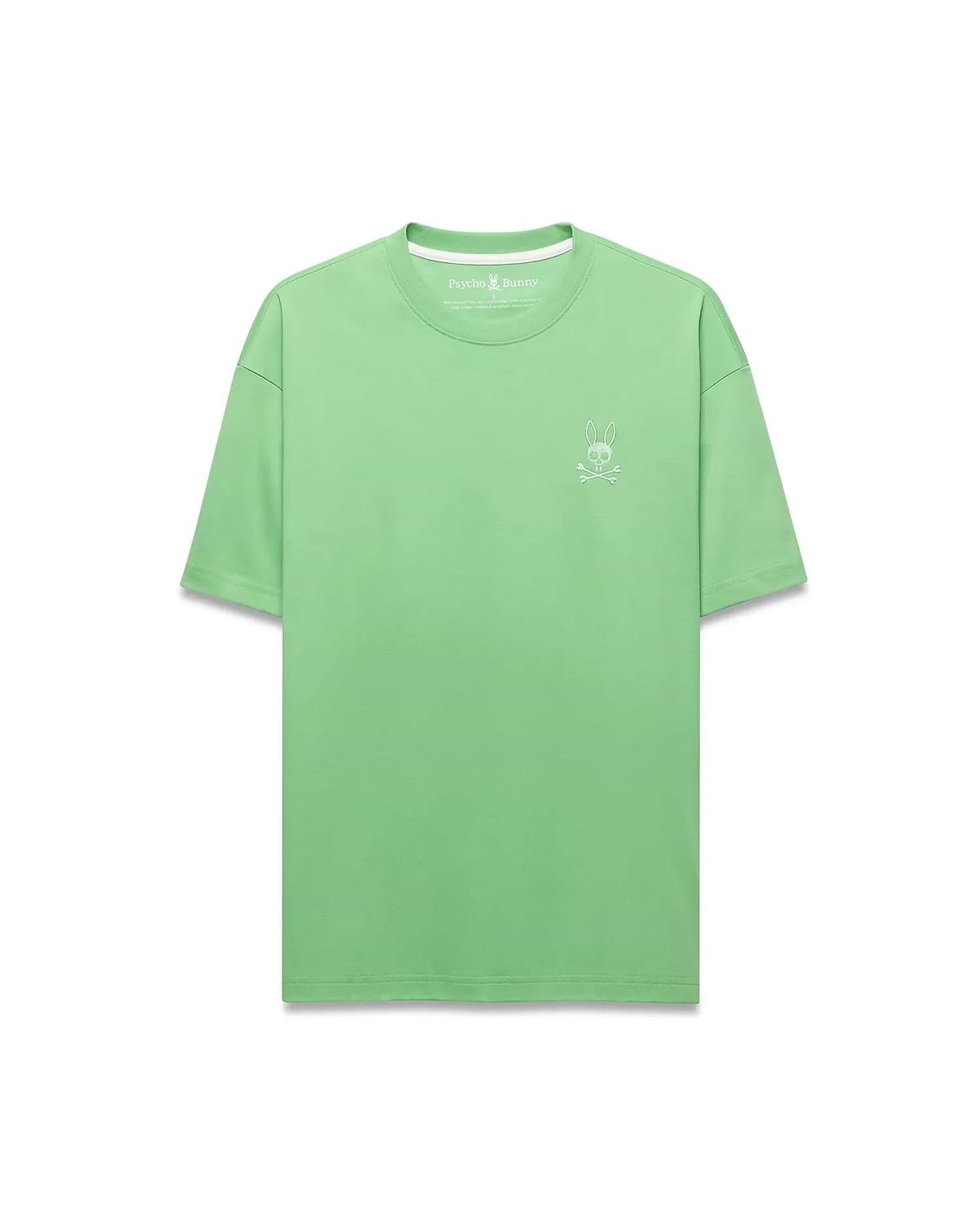 Mens Oscar Relaxed Fit Tee, a premium pastel lime green jersey knit t-shirt with a relaxed fit, showcasing the iconic small white embroidered Psycho Bunny skull logo on the left chest.
