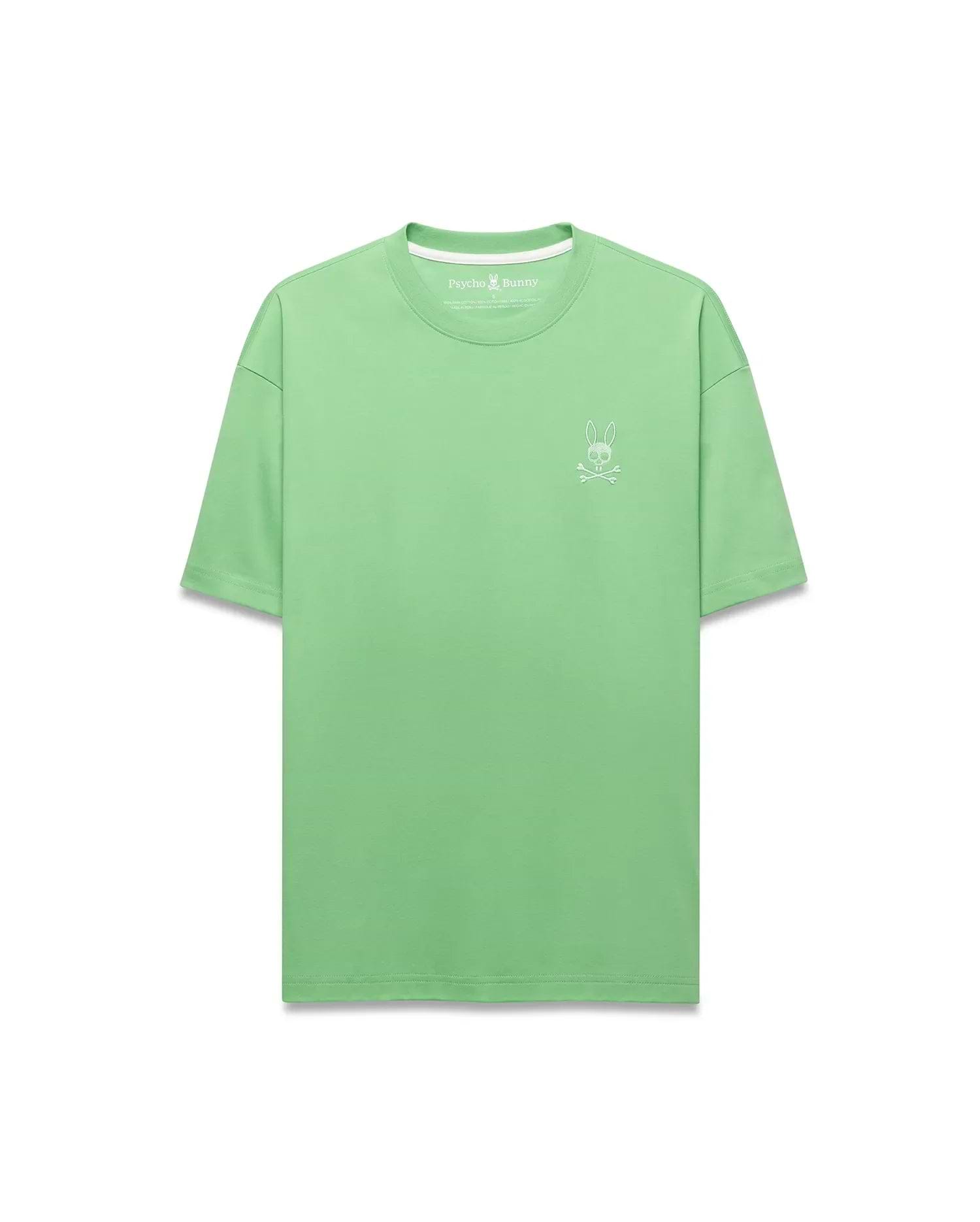 Mens Oscar Relaxed Fit Tee, a premium pastel lime green jersey knit t-shirt with a relaxed fit, showcasing the iconic small white embroidered Psycho Bunny skull logo on the left chest.