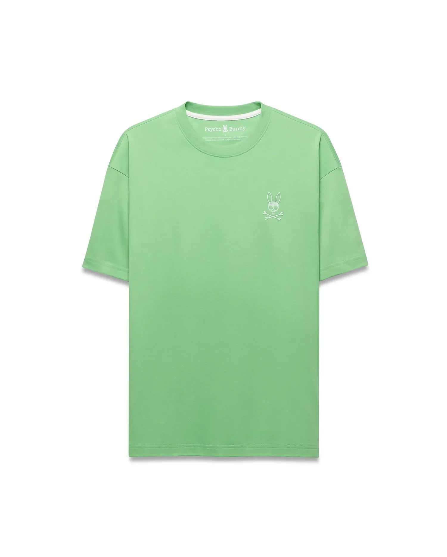 Mens Oscar Relaxed Fit Tee, a premium pastel lime green jersey knit t-shirt with a relaxed fit, showcasing the iconic small white embroidered Psycho Bunny skull logo on the left chest.