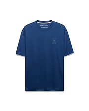 Mens Oscar Relaxed Fit Tee, a deep blue smooth jersey t-shirt featuring a small, lighter blue embroidered iconic Psycho Bunny skull logo on the left chest. (5)