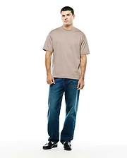 Men's Oscar Oversized Tee in taupe, crafted from smooth jersey fabric with an oversized fit, featuring a small, tonal embroidered Psycho Bunny skull logo on the left chest. (4)